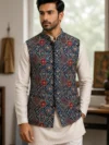 Aarav Navy Heritage Patchwork Nehru Jacket Set