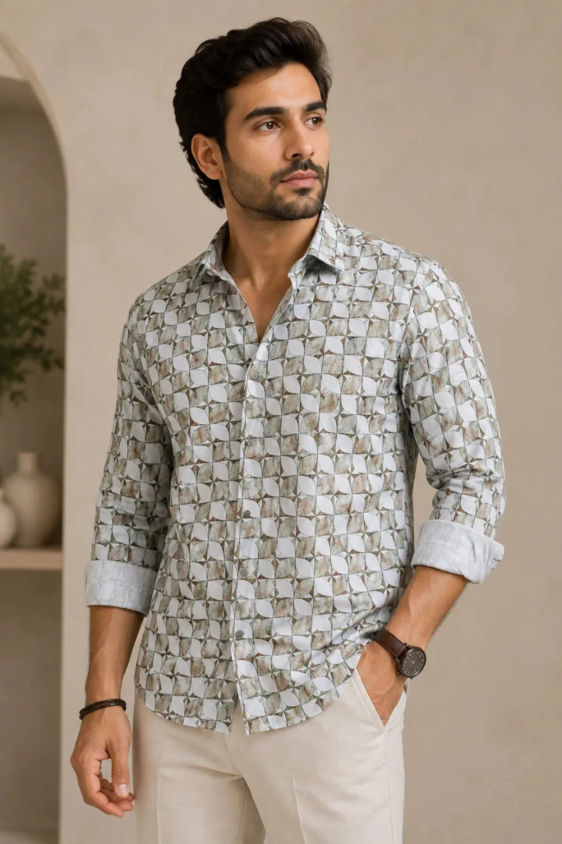 Ivory Sage Geometric Printed Casual Shirt