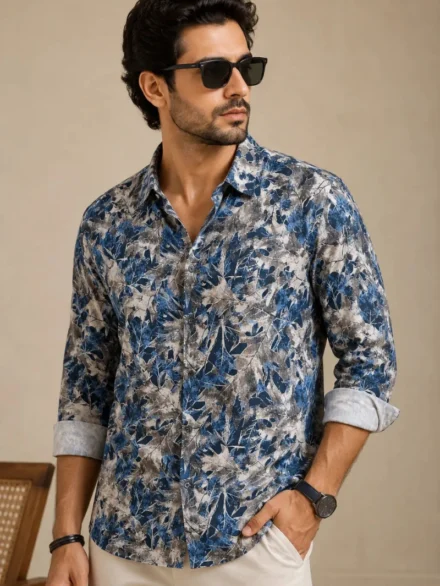 Midnight Blue Botanical Print Cotton Shirt