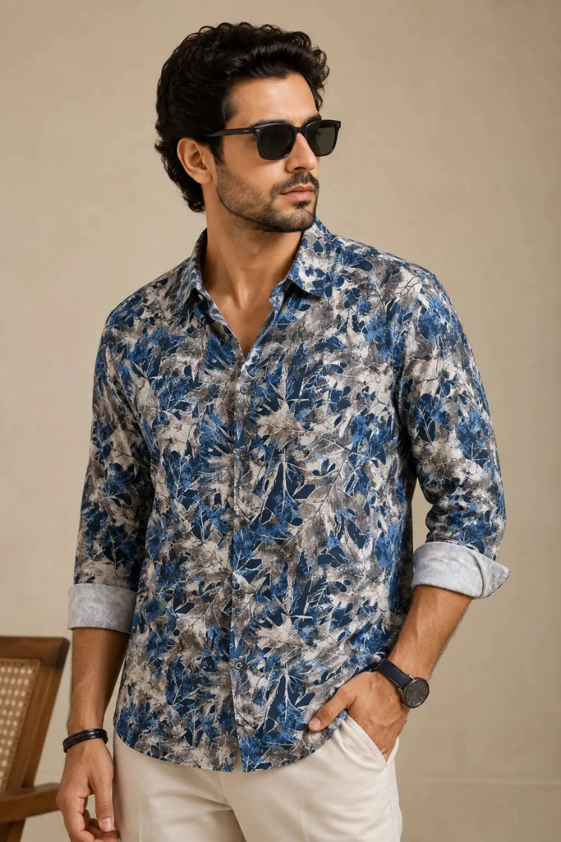 Midnight Blue Botanical Print Cotton Shirt