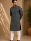 Aarav Charcoal Grey Floral Embroidered Cotton Kurta