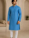 Aarav Royal Blue Gold Diamond Printed Cotton Kurta