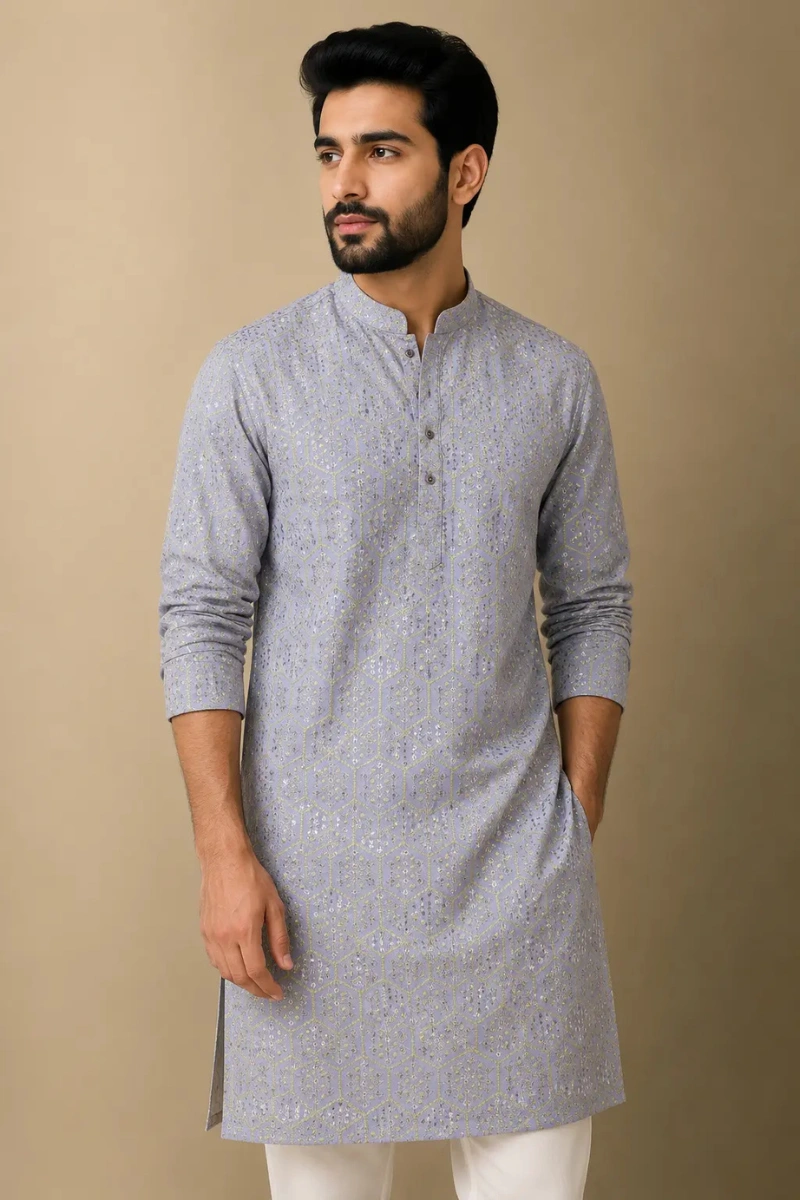 Aarav Lavender Gold Printed Cotton Kurta