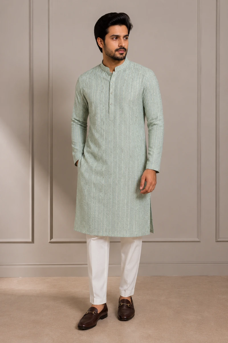 Aarav Sage Green Textured Vertical Pattern Cotton Kurta