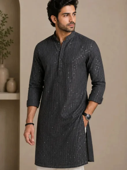 Aarav Charcoal Sequin Motif Embroidered Kurta