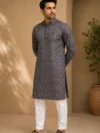Aarav Charcoal Leaf Print Cotton Kurta