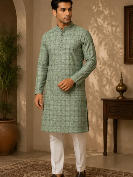 Aarav Sage Green Geometric Printed Cotton Kurta