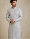 Aarav Silver Grey Sequin Stripe Embroidered Kurta