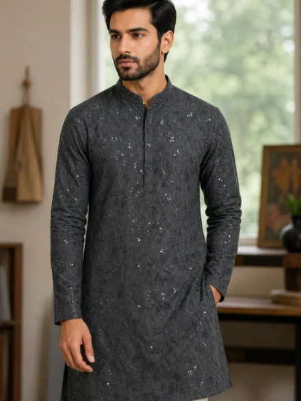 Aarav Charcoal Floral Sequin Embroidered Kurta