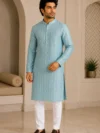 Aarav Sky Blue Textured Pattern Cotton Kurta
