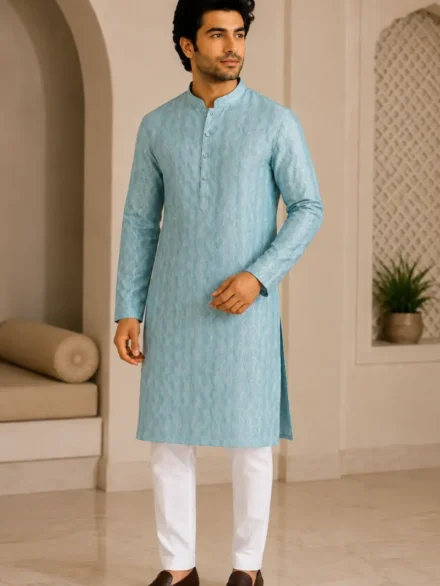 Aarav Sky Blue Textured Pattern Cotton Kurta
