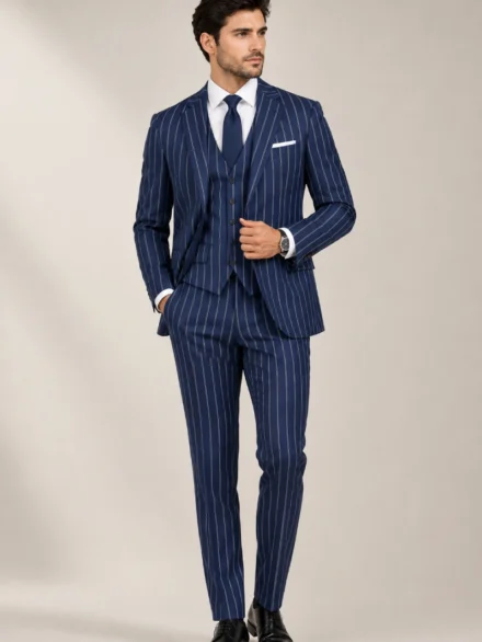 Classic Navy Blue Burgundy-Accent Pinstripe Suiting Collection