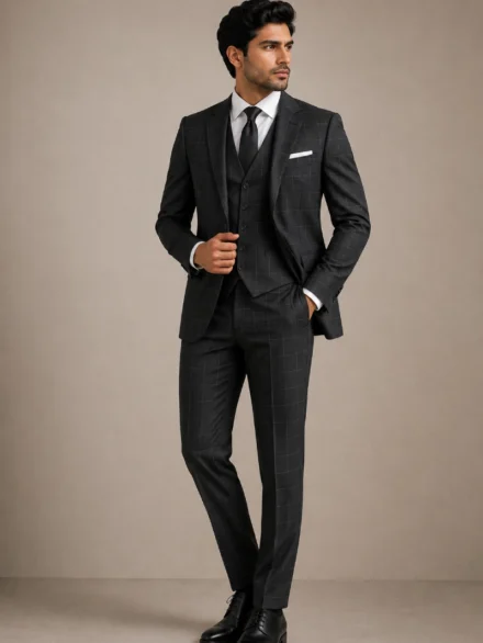 Charcoal Black Windowpane Check Suiting