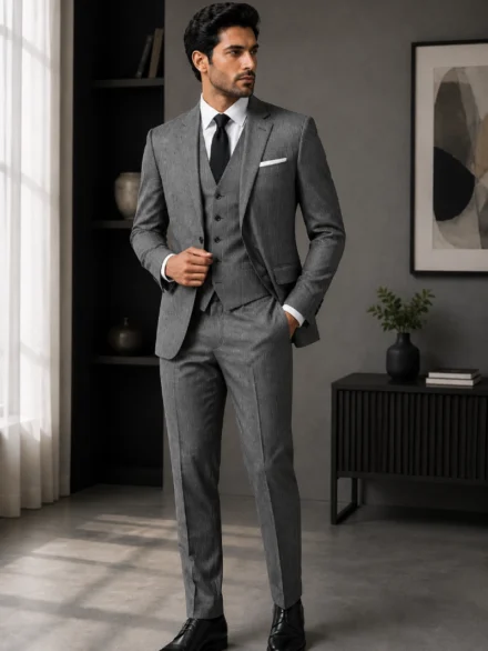 Charcoal Grey Textured Pinstripe Suiting