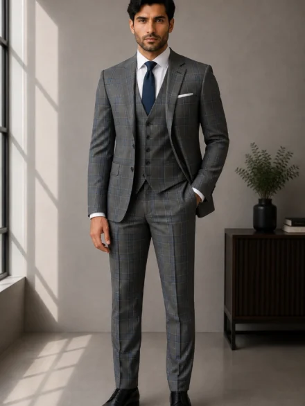 Charcoal Grey Plaid Suiting with Royal Blue Accents